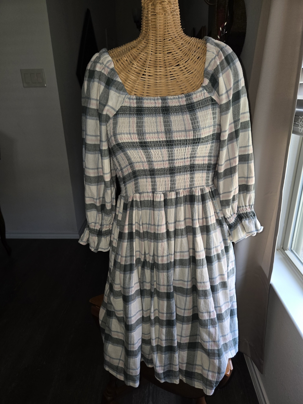 Madewell Plaid Smocked Midi Dress in Green and Cream